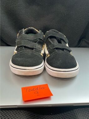 Vans Toddler Black Suede Velcro Sneakers with Leopard Accent